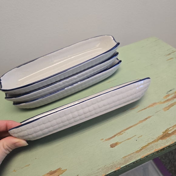 White Blue Glazed Stoneware Corn Cob Serving Set of 4 Vintage - Picture 6 of 6